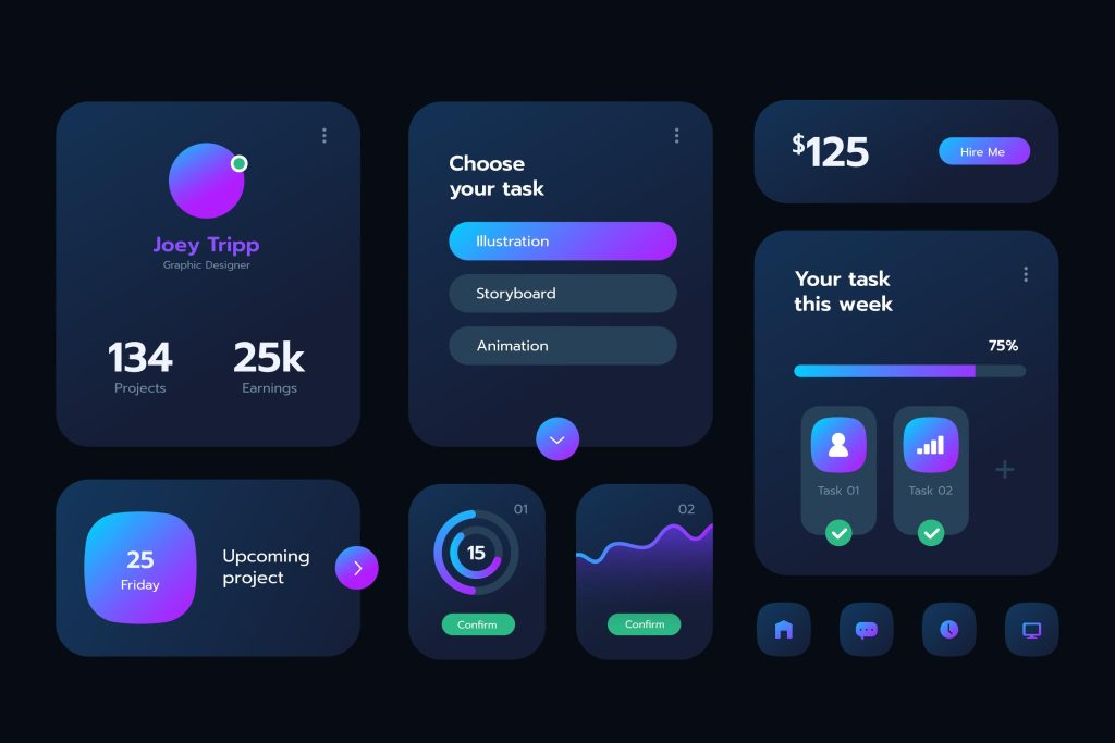 一個深色模式（Dark Mode）UI 儀表板設計範例，展示了用戶資料、任務選擇、進度條和數據圖表等視覺介面元素。