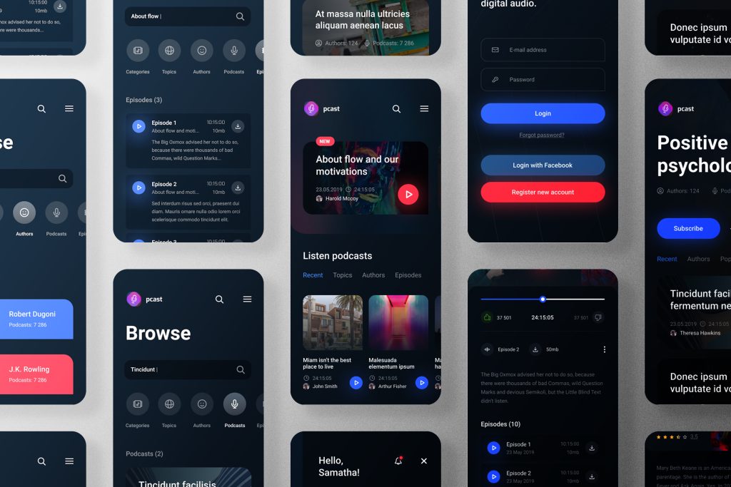 多個行動應用程式 (App) 的暗黑模式（Dark Mode）UI 介面設計範例，展示了登錄畫面、瀏覽頁面和播放列表的視覺一致性。