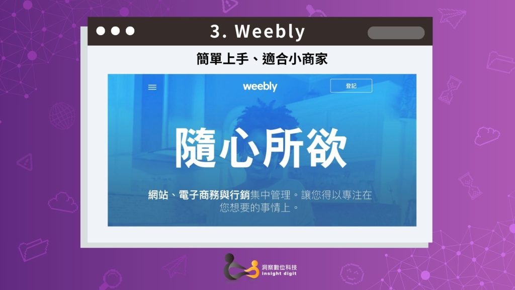 Weebly 網站架設平台畫面,強調簡單上手與適合小商家的特色,洞察數位科技 Insight Digit 製作比較圖。